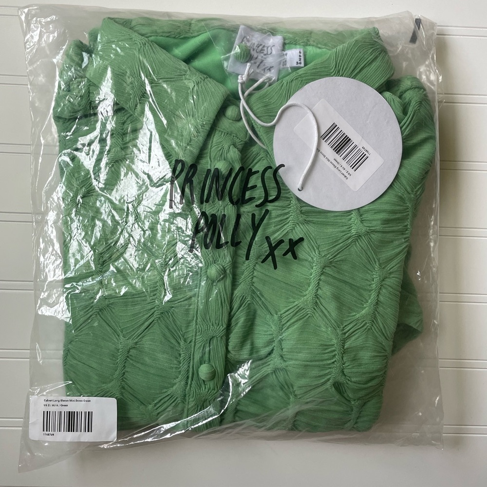 Princess Polly Green Long Sleeve Dress Mini Collared Button Women’s Size 2 NWT - Picture 6 of 8